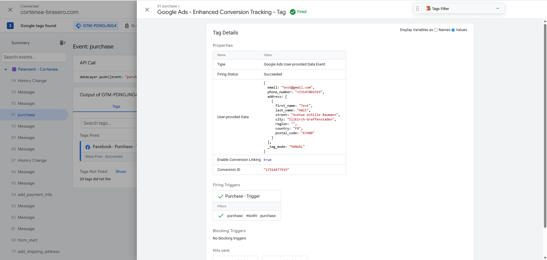 Google Tag Manager preview showing the user provided data payload on a Google Ads conversion tag