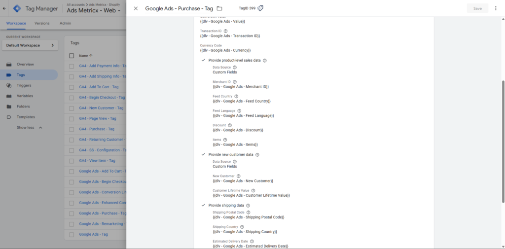 Google Ads Purchase conversion tag with ecommerce data variables