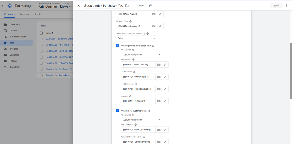 Server-side Google Ads Purchase tag with value and currency variables