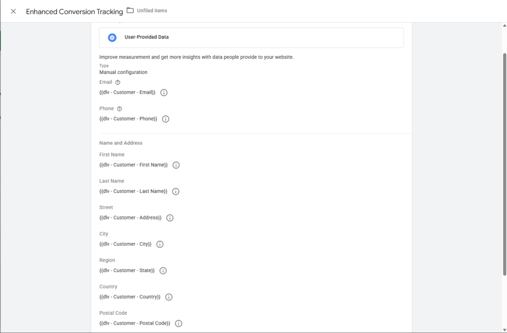 Google Ads Enhanced Conversions customer data configuration in GTM